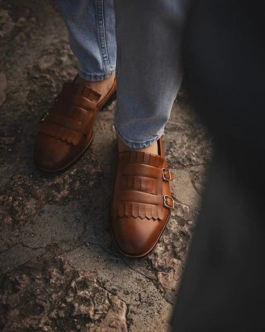 Lusso | FINO  DOPPIO Men's Tan Leather Double Monk Strap Loafers