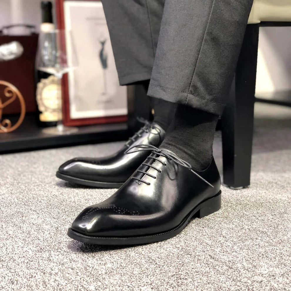 Lusso & FINO | Black Lace-up Wholecut Polished Leather Shoe For Men's