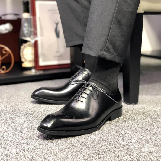Lusso & FINO | Black Lace-up Wholecut Polished Leather Shoe For Men's