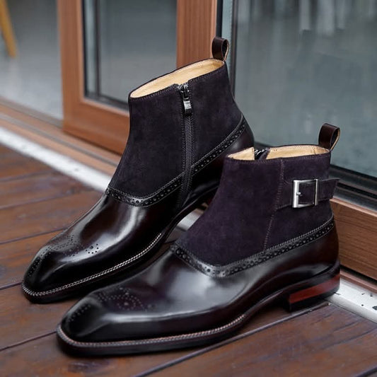 Lusso | FINO Dark Brown and Suede Leather Brouge Chelsea Boot For Men's