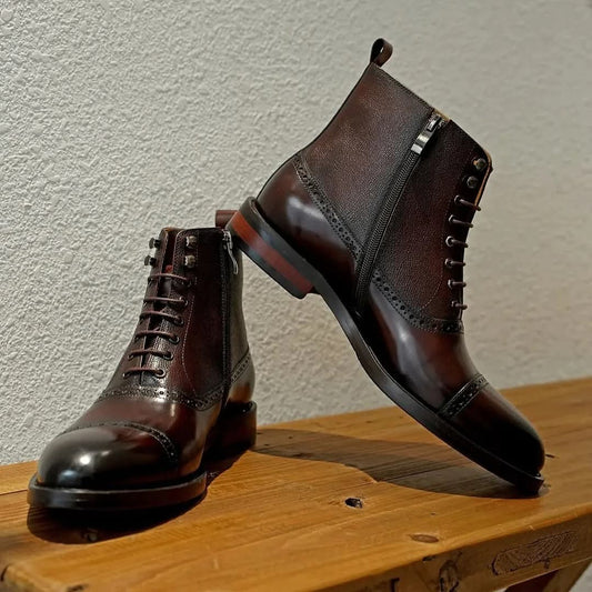 Lusso | FINO Brown Leather Zip-Up & Lace-up boots For Men's