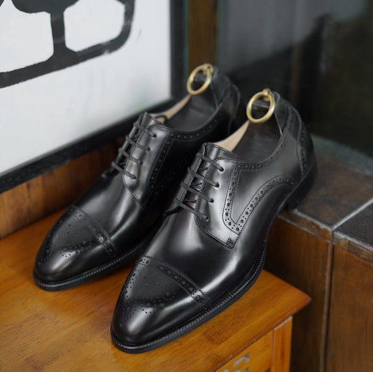 Lusso & FINO Artisan Burnished Black Cap-Toe Derby Brouge Fir Men's