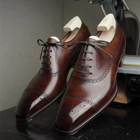 Lusso & FINO | Tan / Black Leather Brouge Wingtip Oxford