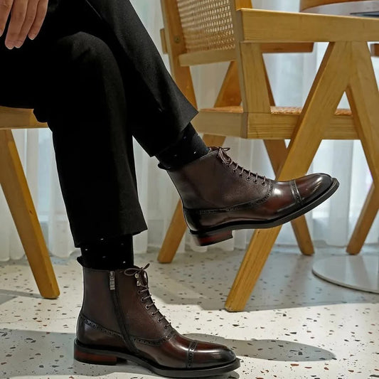 Lusso | FINO Brown Leather Zip-Up & Lace-up boots For Men's