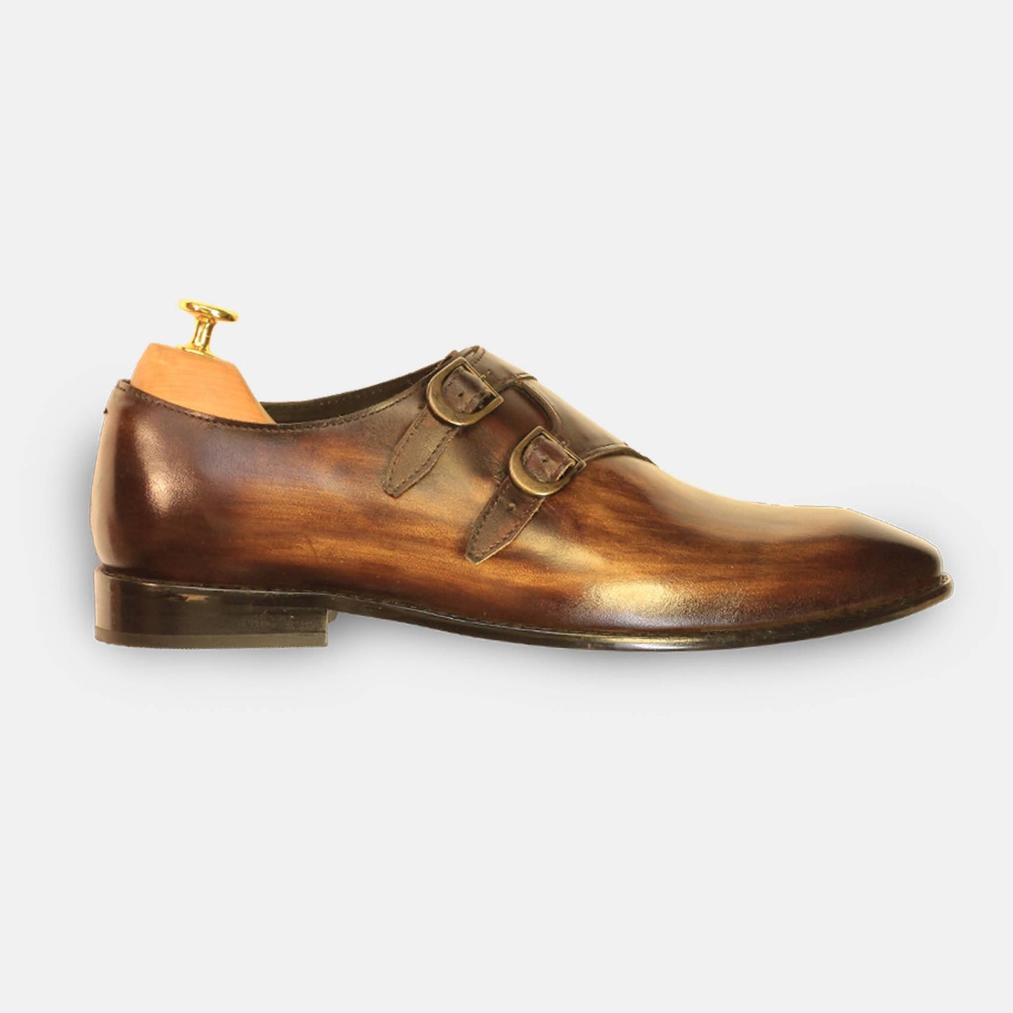 Wooden Brown Double Monk Strap Formal Leather Shoe For Men