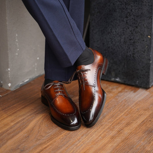 Lusso & FINO | Tan Leather Oviedo Lace-Up Derby Shoes For Men's