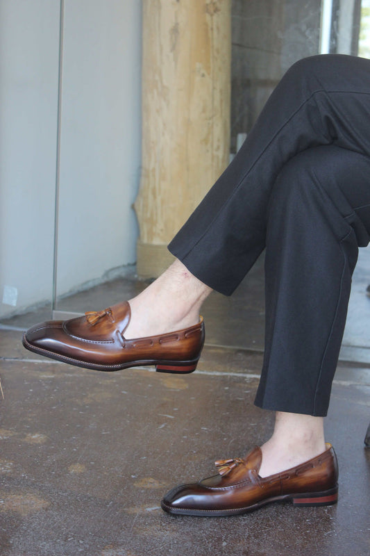 Lusso & FINO Hand Patina Brown Business Loafer For Men's