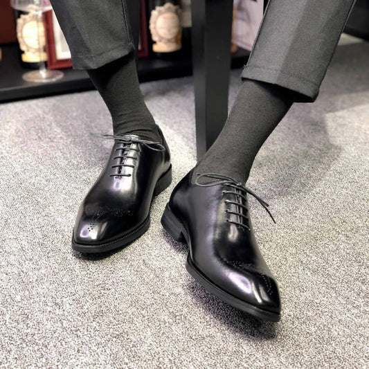 Lusso & FINO | Black Lace-up Wholecut Polished Leather Shoe For Men's