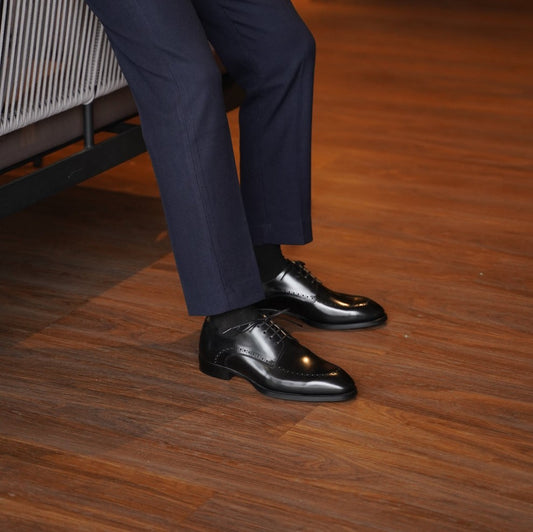 Lusso & FINO | Polished Black Derby Half Brouge Shoe for Men's