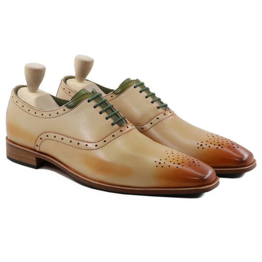 Lusso|FINO  ROMANO Handcrafted Burnished Beige-Tan Oxford Shoes for Men