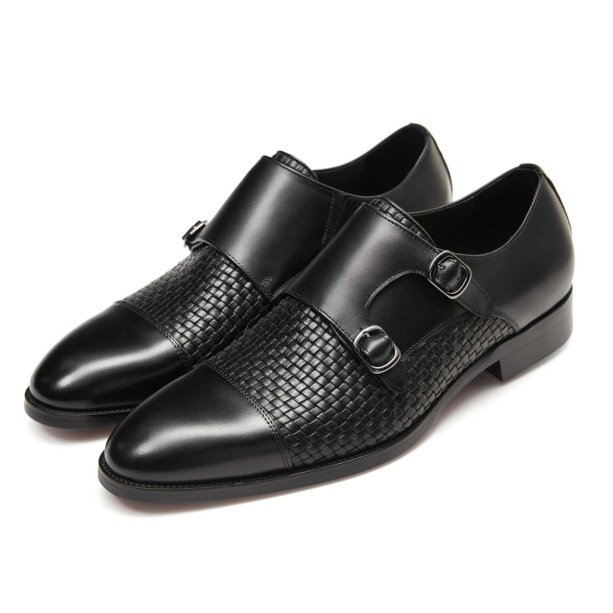 Textured Black Leather Twin Monk Shoe fit Men's
