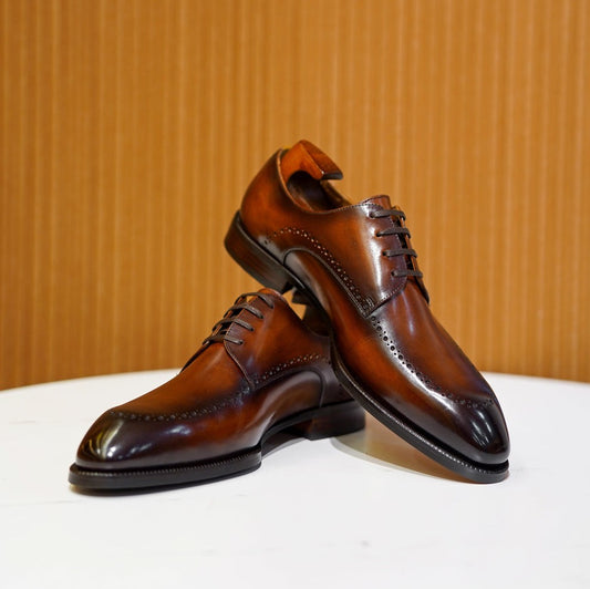 Lusso & FINO | Tan Leather Oviedo Lace-Up Derby Shoes For Men's