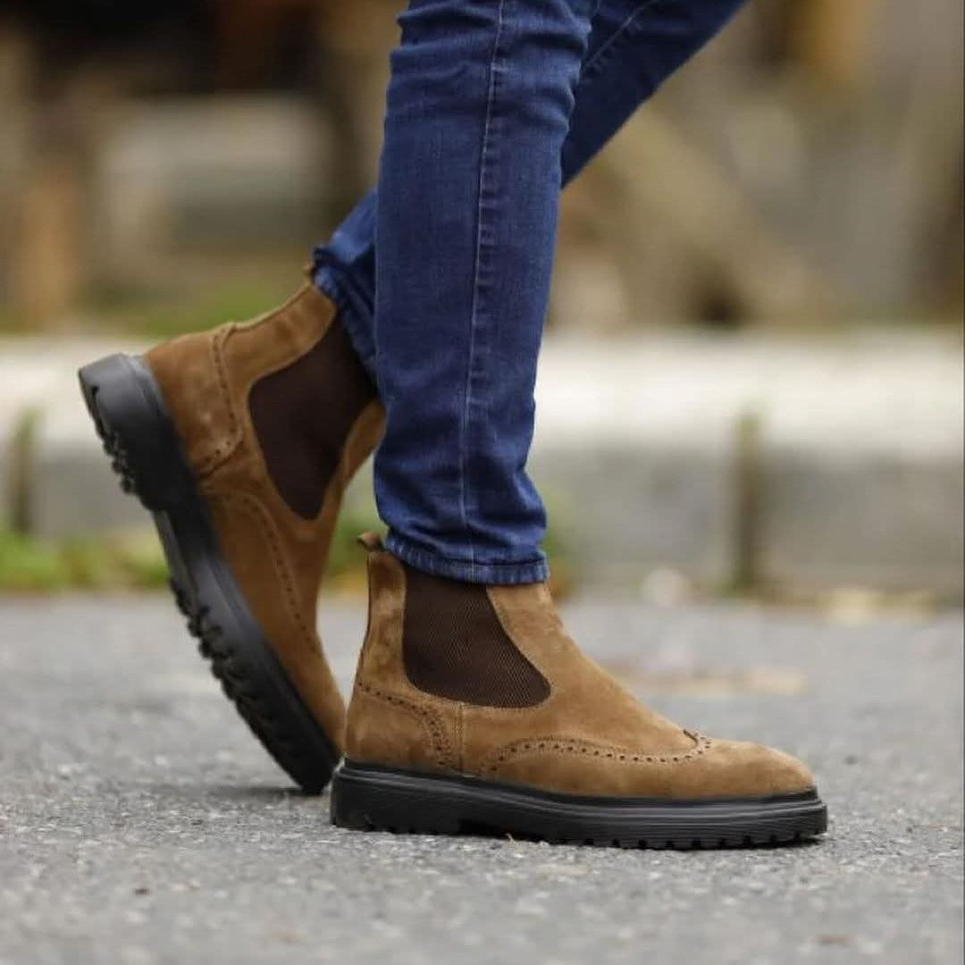 Lusso | FINO Brown Suede Leather Nubuck Chelsea Boot For Men's