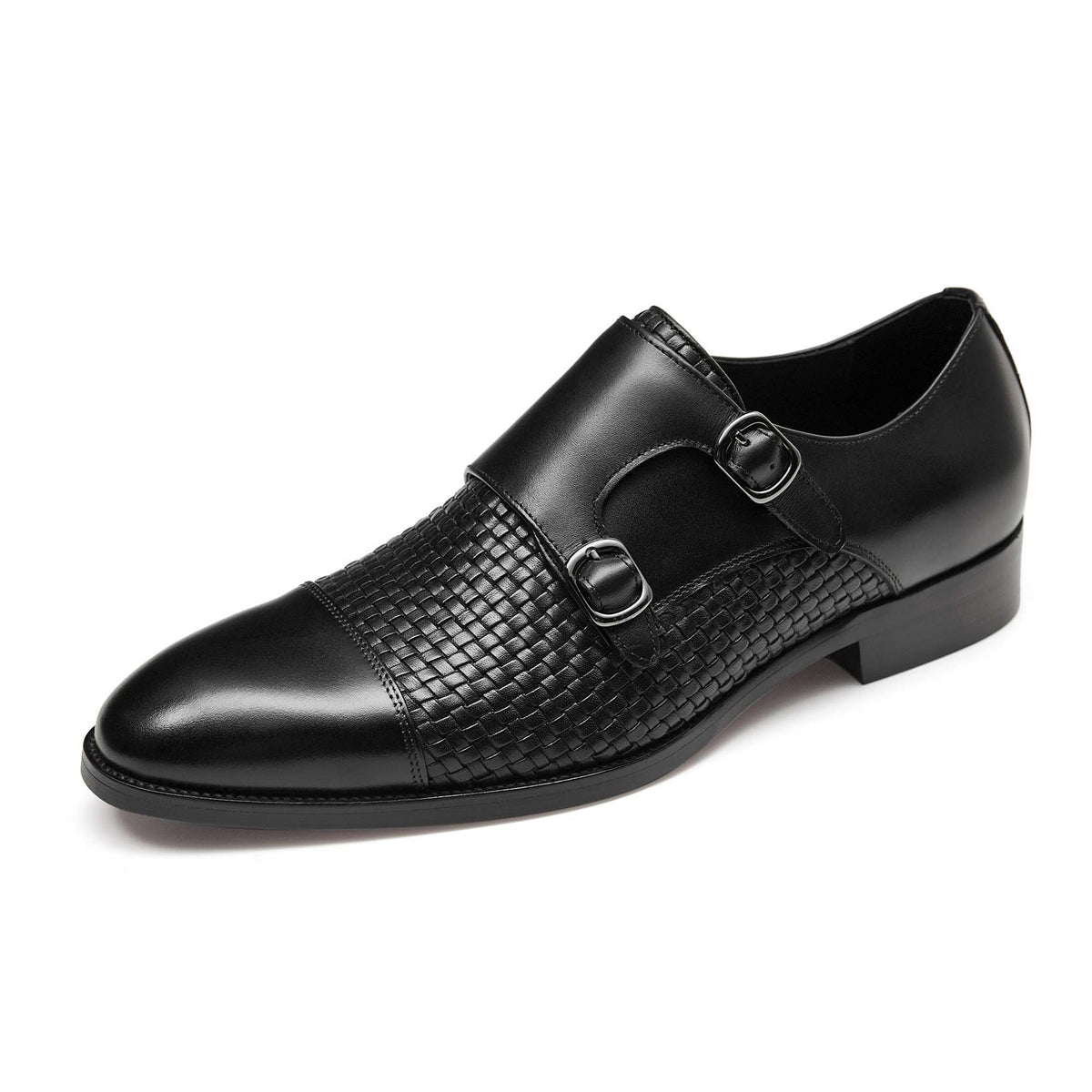 Textured Black Leather Twin Monk Shoe fit Men's